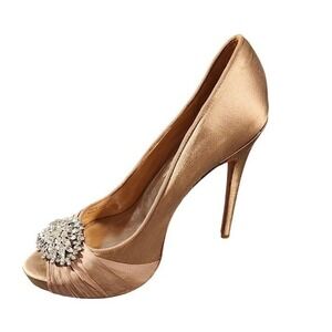 Badgley Mischka Pumps Womens Size 9.5 Gold Rhinestone Peep Toe Bridal Heels